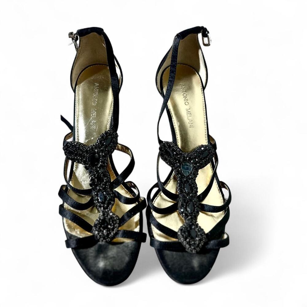 Vintage Y2K Glam Antonio Melani Black Beaded Leather Open Toed Heels Size 9.5